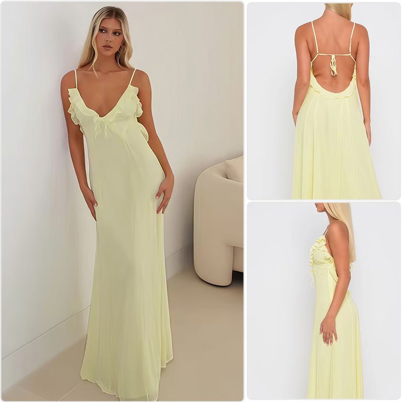 Damen Elegantes Maxikleid mit schulterfreier Rüschendekoration und taillierbarem Design EB