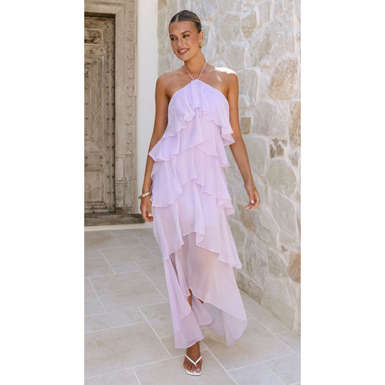Damen Rüschen-Maxikleid mit asymmetrischem Design und elegantem Halteroberteil R&B