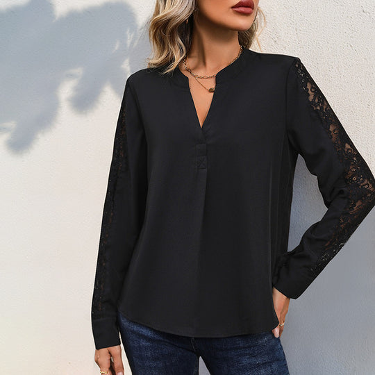 Damen Elegante Chiffonbluse mit Stehkragen, V-Ausschnitt und Spitzenbesatz an Ärmeln EB