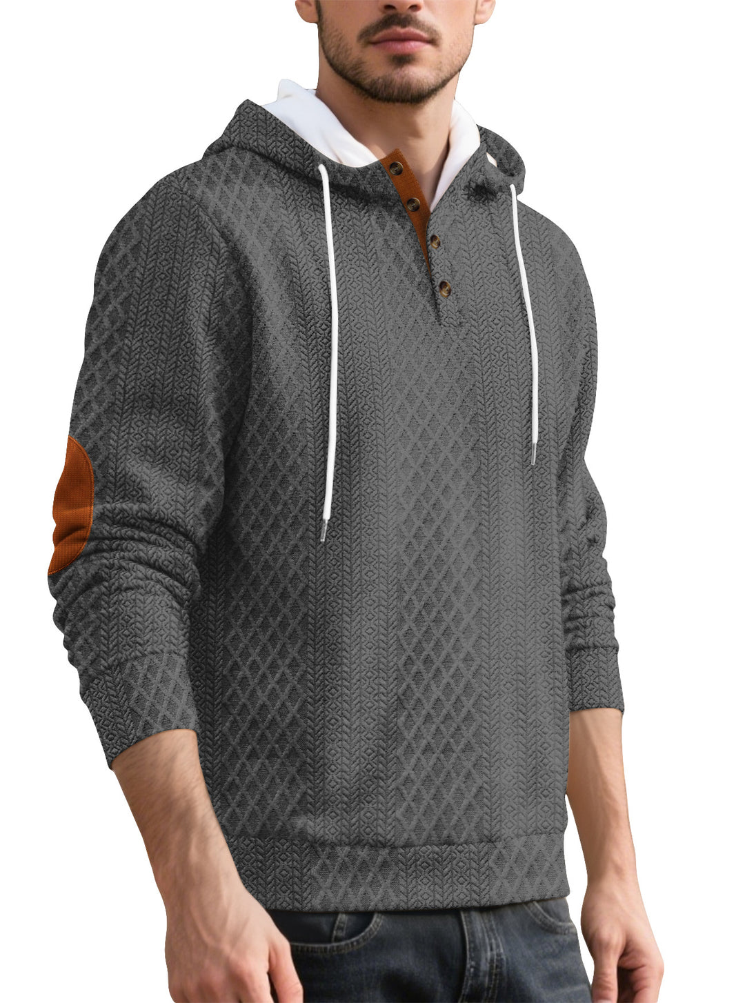 Herren nan Diamond-Struktur Kapuzenpullover mit Kurzknopfleiste, gesteppter Kapuzeninnenkante und Wildleder-Ellbogenpatch EB