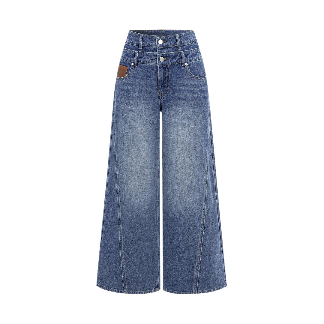 Damen nan hochgeschnittene Doppelbund-Jeansculotte mit weitem Cropped-Bein und sichtbaren Nahtpaneelen EB