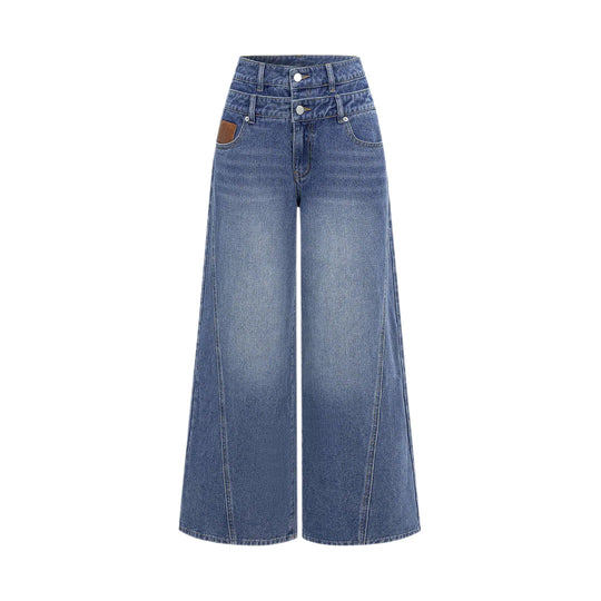 Damen nan hochgeschnittene Doppelbund-Jeansculotte mit weitem Cropped-Bein und sichtbaren Nahtpaneelen EB