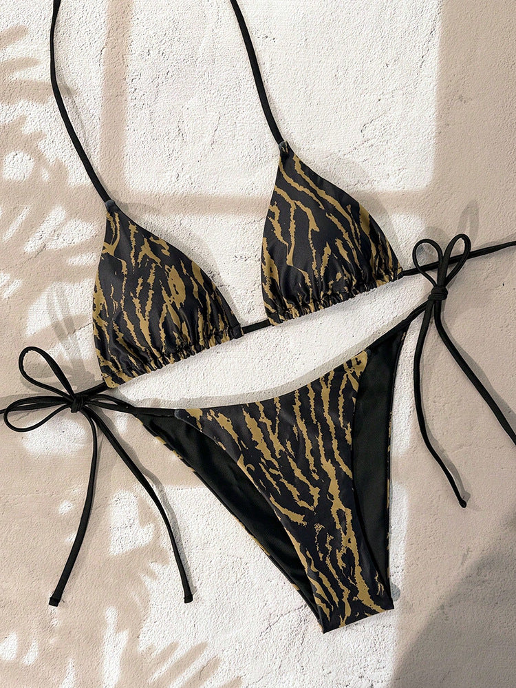 Damen Triangel-Bikini-Set mit verstellbaren Bindebändern und animalischem Design EB