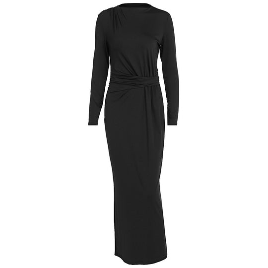 Damen figurbetontes Maxikleid mit eleganten Drapierungen und langem Arm EB