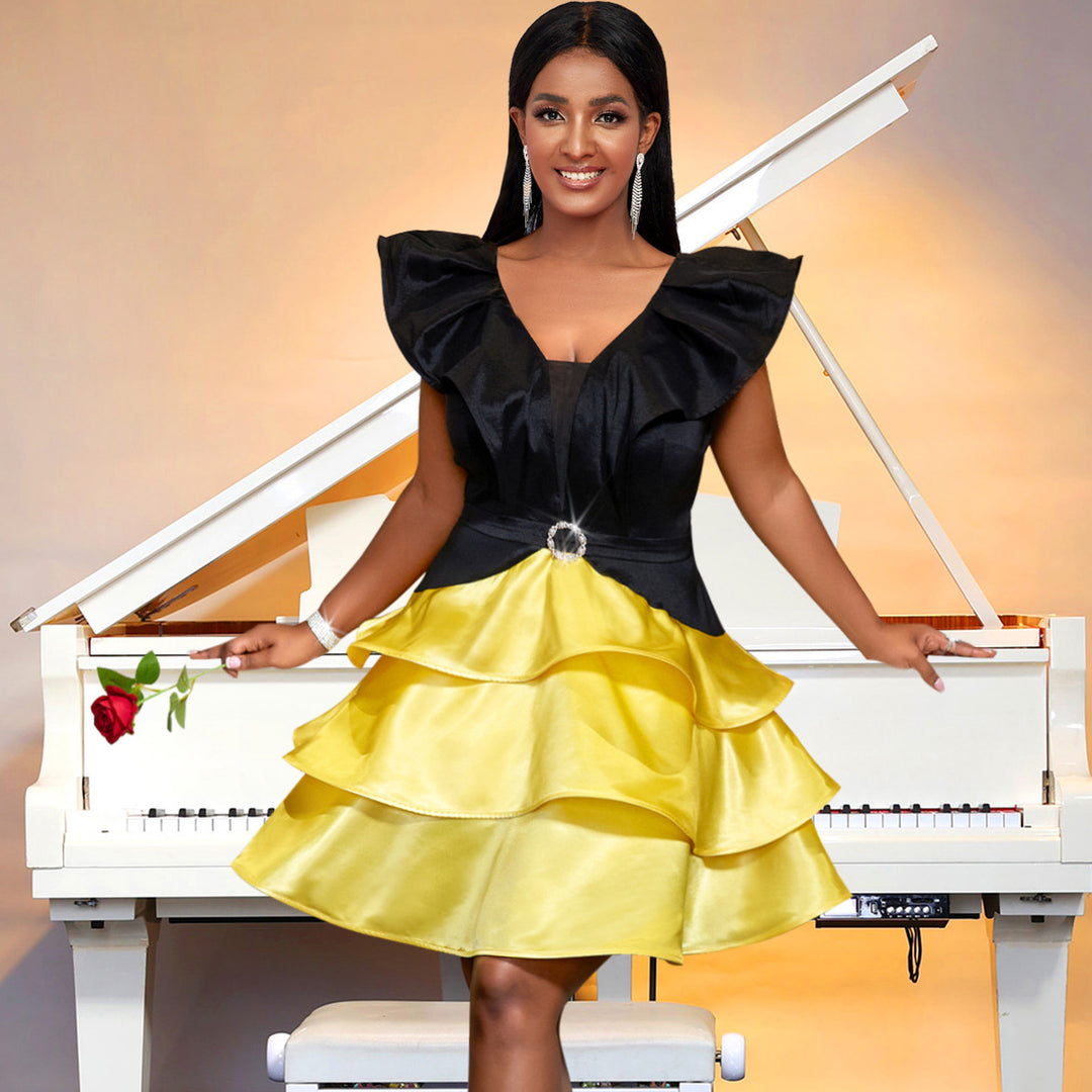 Damen Cocktailkleid mit voluminösem Rüschensaum und elegantem V-Ausschnitt EB
