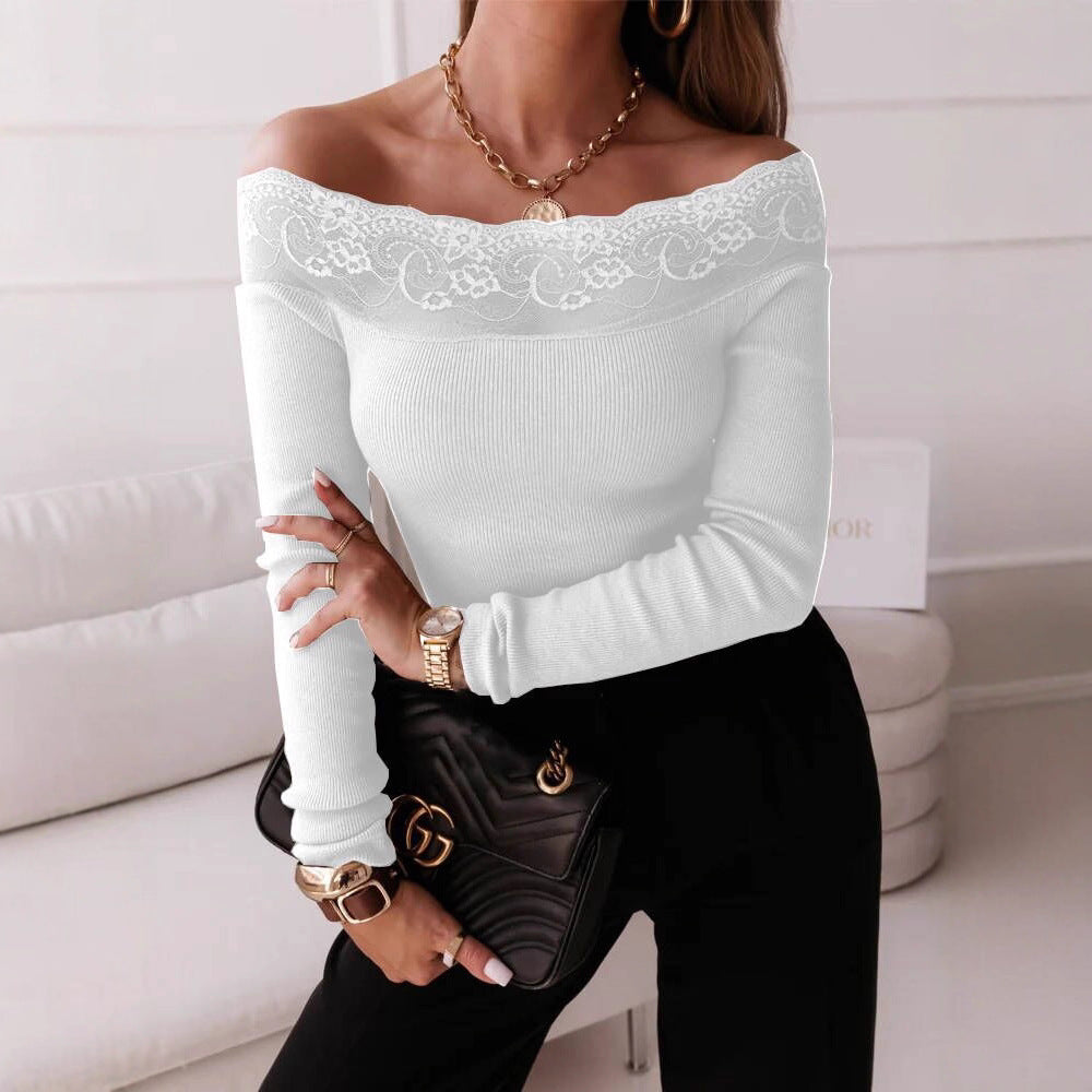 Damen Off-Shoulder Top mit Spitzenbesatz und langem Arm EB