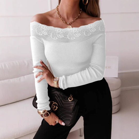 Damen Off-Shoulder Top mit Spitzenbesatz und langem Arm EB