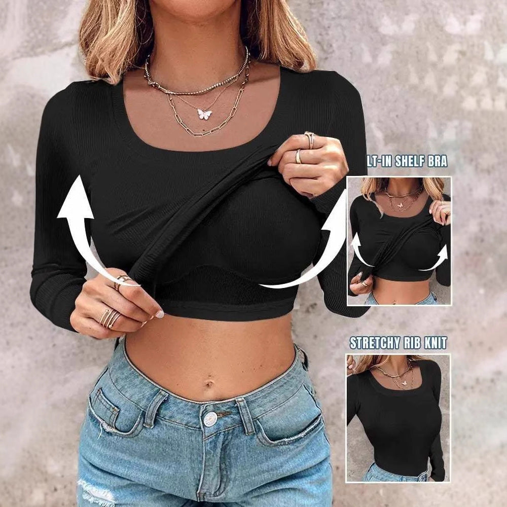 Damen Langarm Crop Top mit eingearbeitetem BH und elastischer Rippenstruktur EB