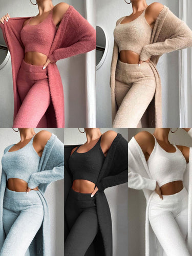 Damen gemütliches Lounge-Set aus feinem Fleece mit offenem Cardigan und Crop-Top EB