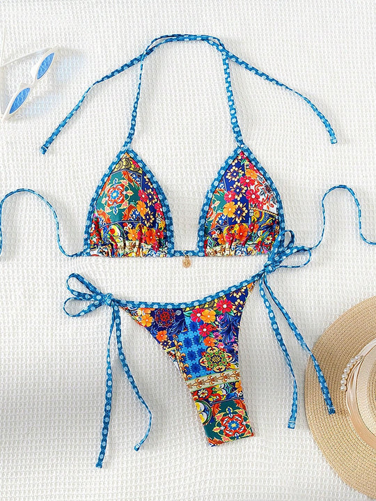 Damen Triangel-Bikini mit buntem floralen Mustermix und verstellbaren Trägern EB