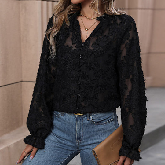 Damen Transparente Chiffon-Bluse mit floraler Flockapplikation, Knopfleiste und Rüschenmanschetten EB