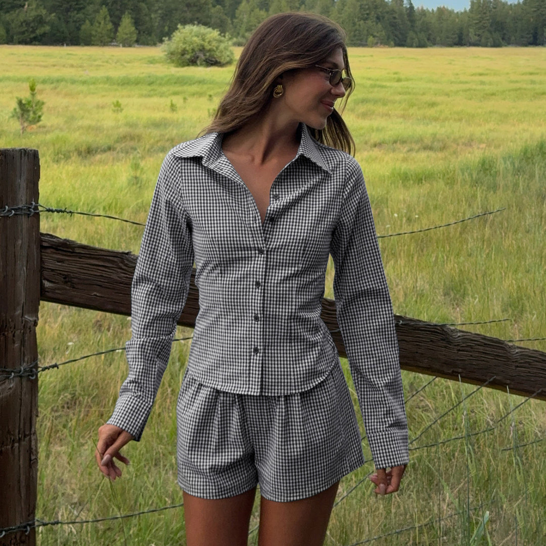 Damen nan zweiteiliges Vichy-Set aus taillierter Blusenjacke mit Wiener Nähten und Highwaist-Shorts EB