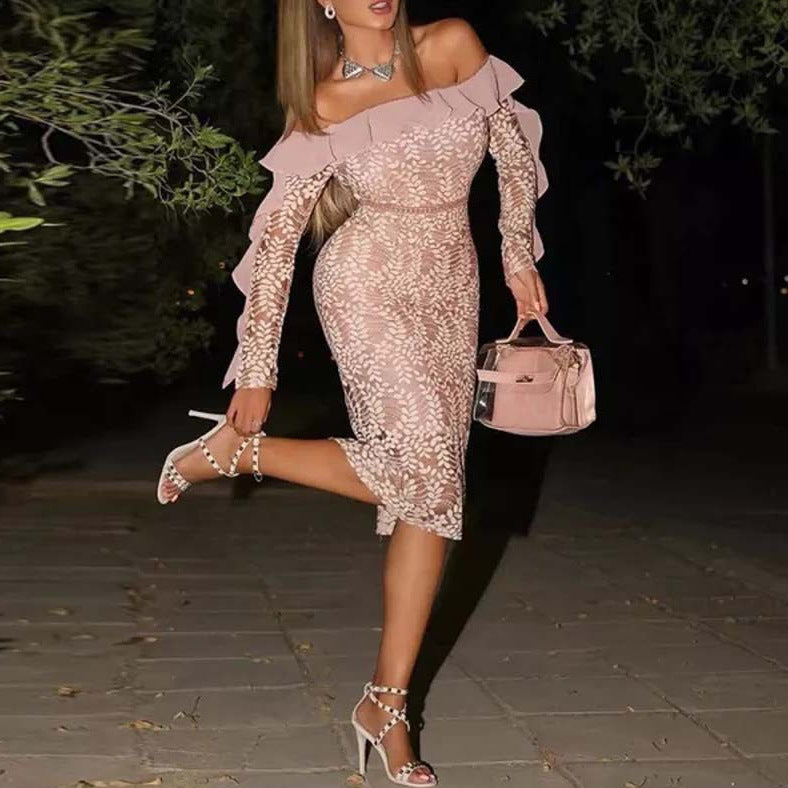 Damen Figurbetontes Spitzenkleid mit schulterfreiem Design und Rüschendetails EB