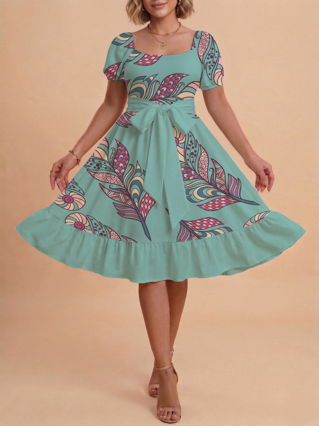 Damen modernes Blumenkleid mit elegantem Taillengürtel und asymmetrischem Saum EB