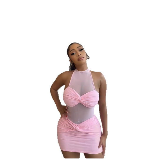 Damen Mini-Kleid mit Raffungen und transparentem Oberteil EB