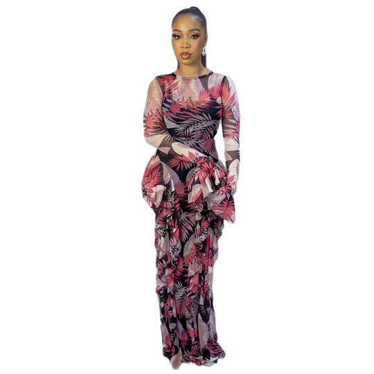 Damen Maxikleid mit transparenten Ärmeln und floralem Muster EB