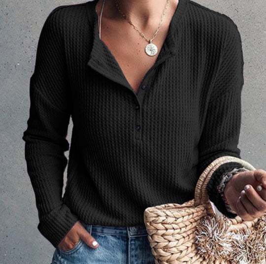Damen Langarmhemd mit strukturiertem Waffelmuster und modischen Knopfdetails EB