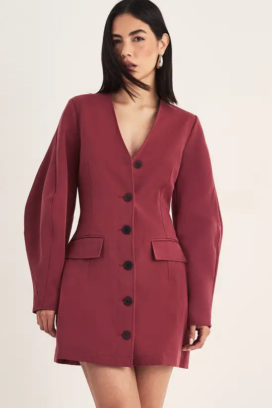 Damen Tailliertes Blazer-Minikleid mit Ballonärmeln und Pattentaschen EB
