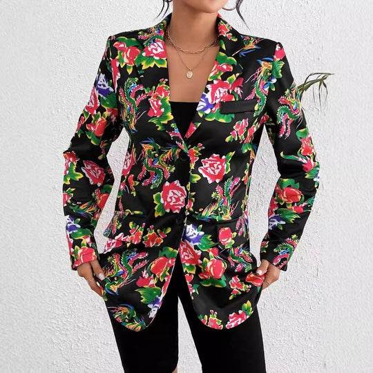 EB | Blazer Slim Passform Maßgeschneiderter Schnitt Blumenmuster Weicher Glänzender Stoff