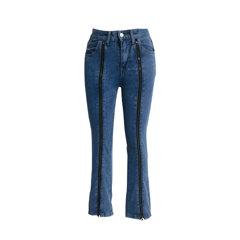 Damen nan Jeanshose mit durchgehenden Front-Reißverschlüssen, hoher vorderer Beinöffnung und ausgestelltem Schlag EB