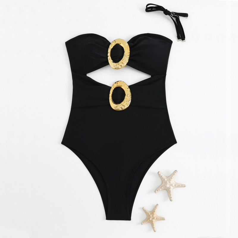 Damen Einteiliger Badeanzug mit modernen Cut-Outs und goldenen Akzenten EB