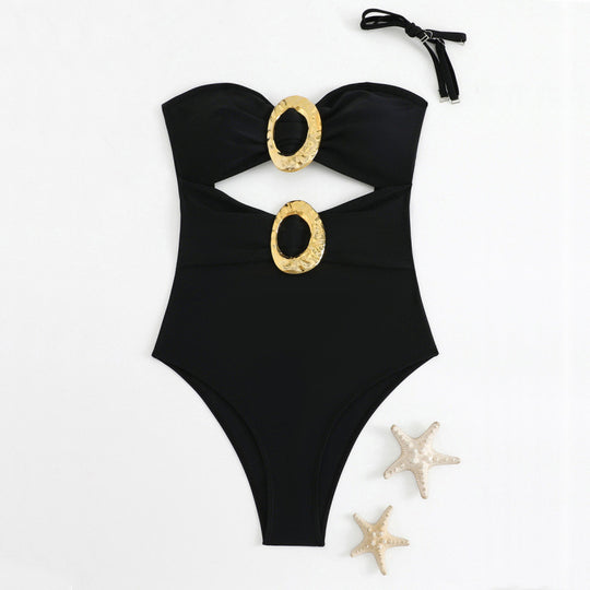 Damen Einteiliger Badeanzug mit modernen Cut-Outs und goldenen Akzenten EB