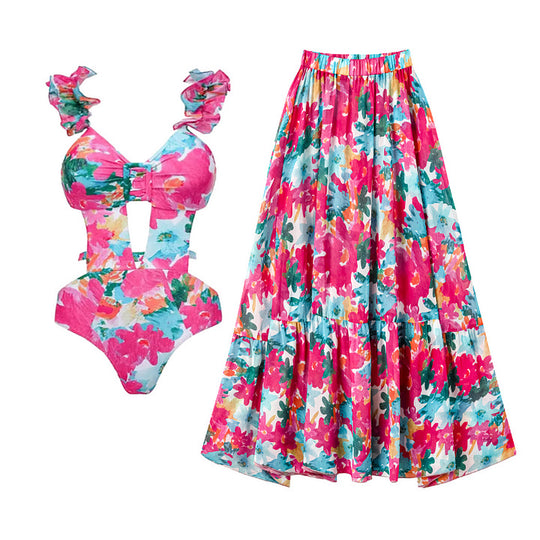 Damen Bikiniset mit voluminösen Rüschendetails und fließendem Maxi-Rock EB