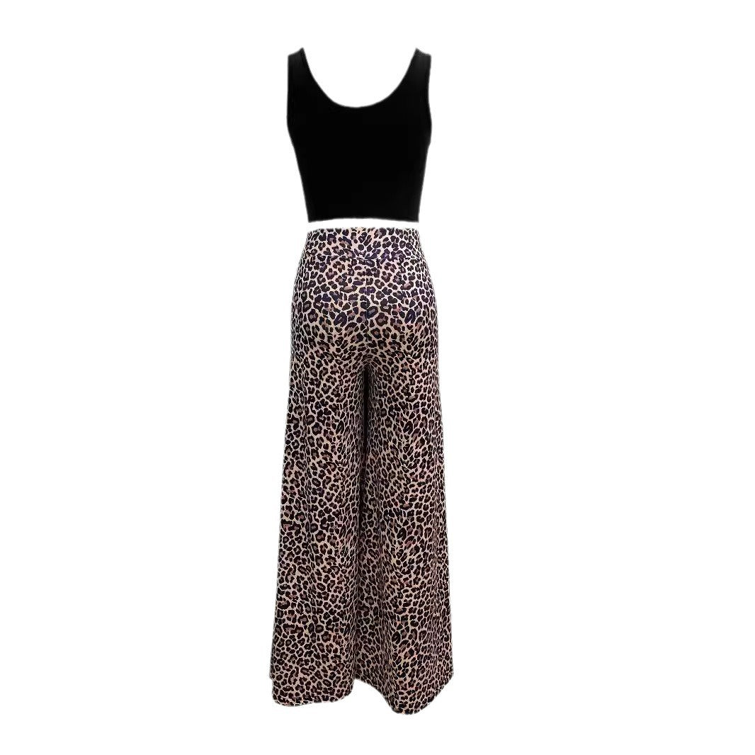 Damen Weite Leoprint-Hose mit hohem Bund und elastischem Taillenbund EB