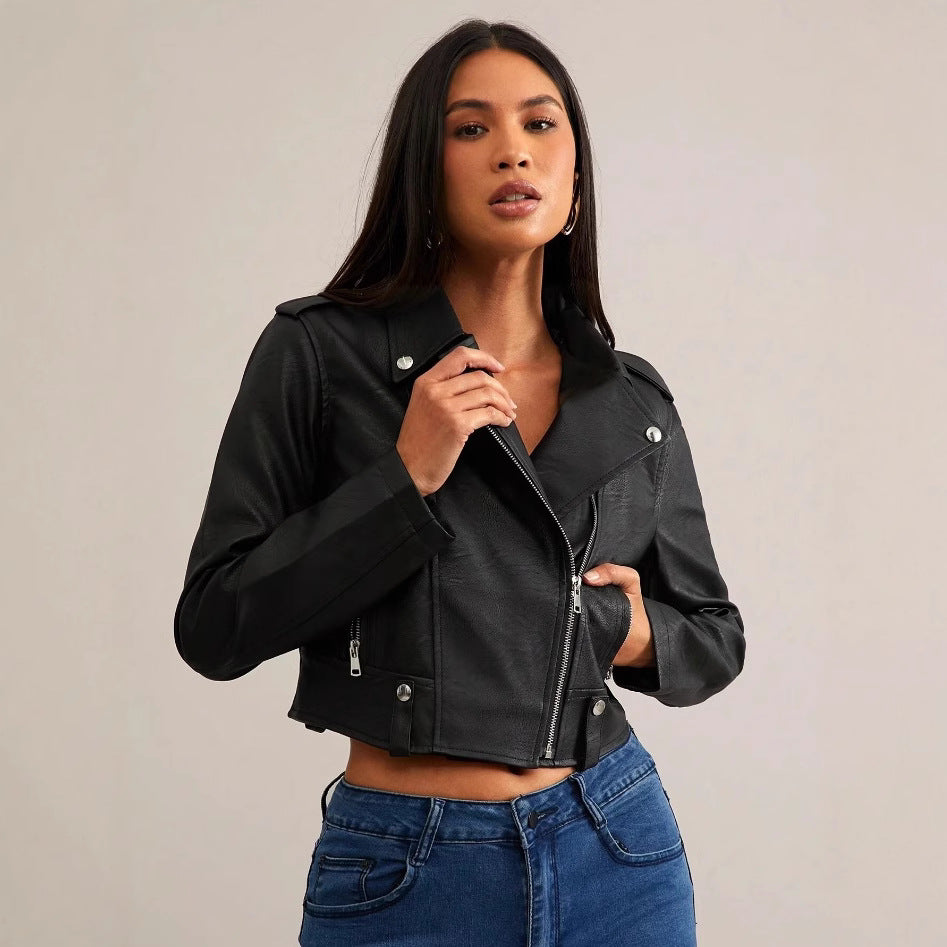 Damen modische Bikerjacke aus Kunstleder mit stilvollem Reißverschluss EB