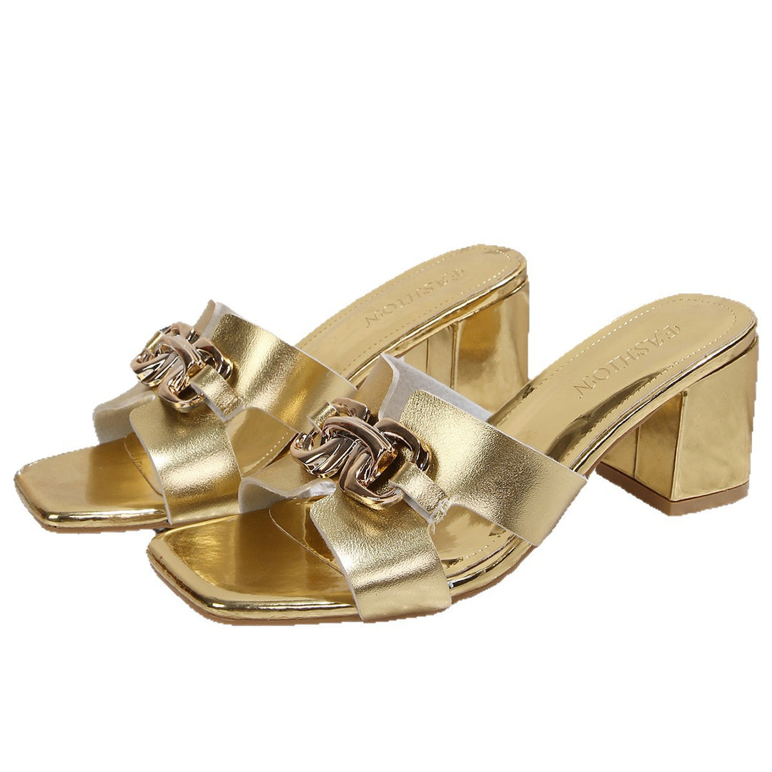 Damen Glamouröse Sandalen mit glänzenden Metall-Details und blockförmigem Absatz EB
