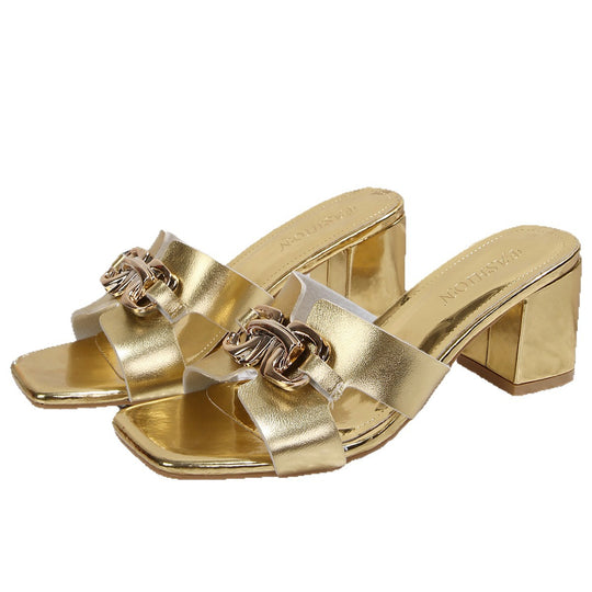Damen Glamouröse Sandalen mit glänzenden Metall-Details und blockförmigem Absatz EB