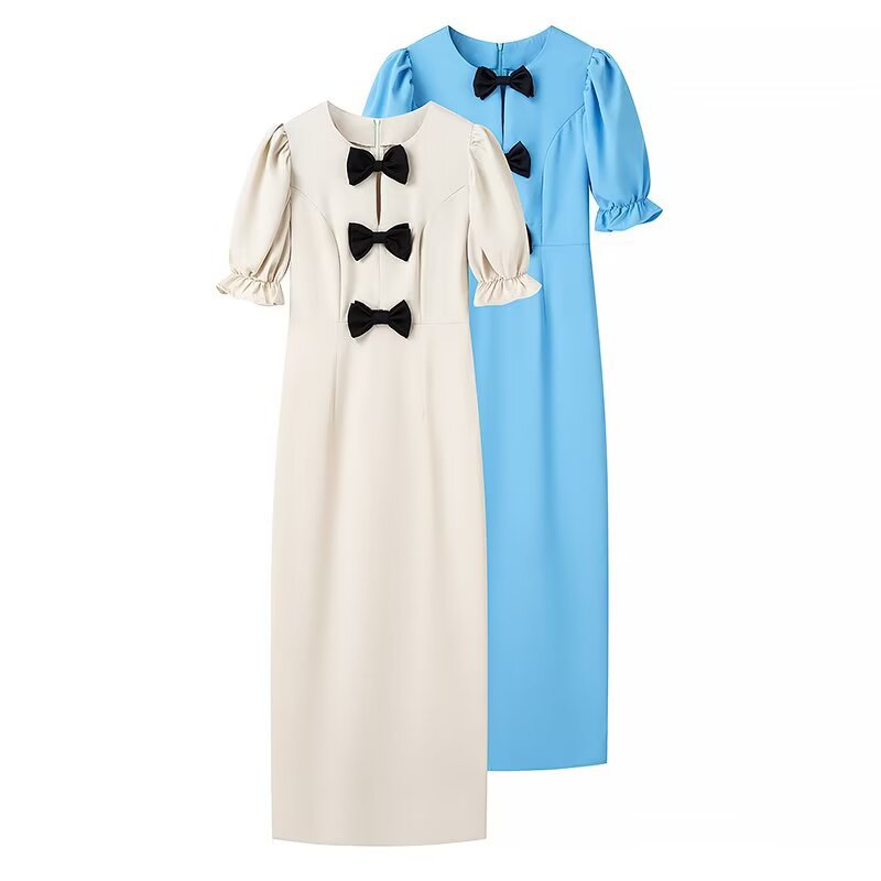 Damen Elegantes Maxikleid mit einzigartigem Schleifendetail und ballonärmeliger Gestaltung EB