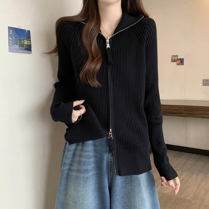 Damen Modische Strickjacke mit hohem Kragen und Reißverschluss EB