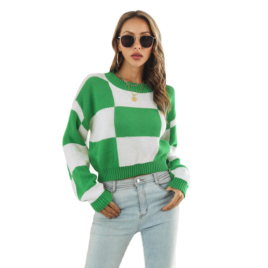 Damen Oversized Strickpullover mit modernen Karomuster und hohem Kragen EB
