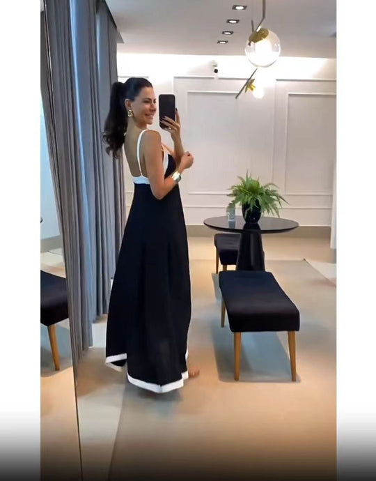 Damen Maxikleid mit tiefem Rückenausschnitt und elegantem Kontrastbund EB