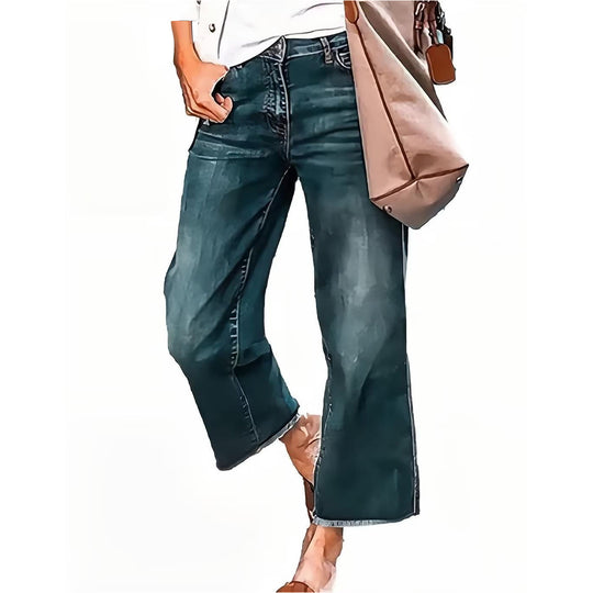 Damen nan weite knöchellange Jeans mit hohem Bund und rohem Saum EB