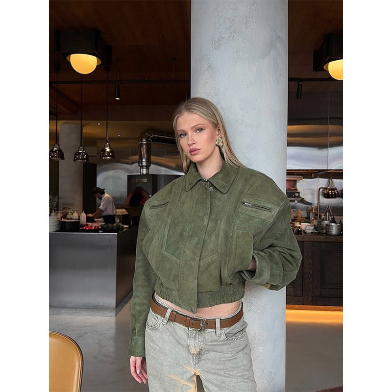 Damen Modische Wildlederjacke mit cropped Schnitt EB