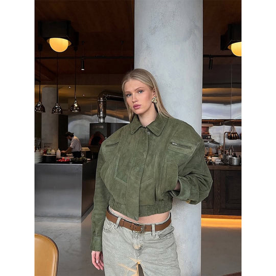 Damen Modische Wildlederjacke mit cropped Schnitt EB