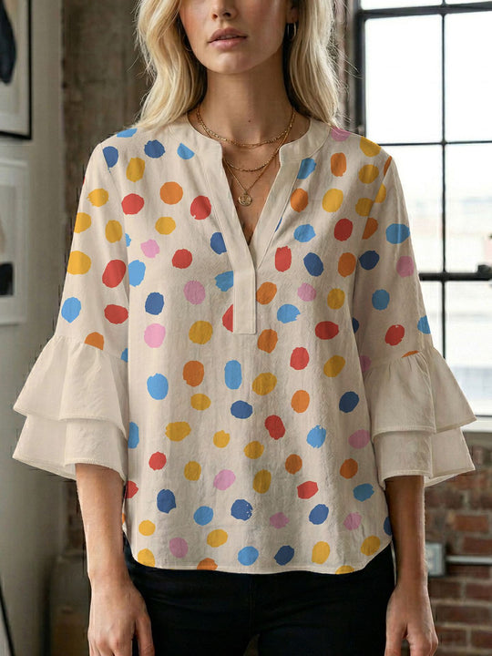 Damen Blusenshirt mit voluminösen Ärmeln und kreativem Druckdesign EB