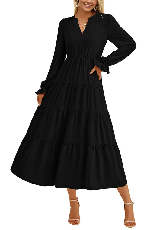 Damen Maxikleid mit romantischen Rüschendetails und elegantem V-Ausschnitt EB