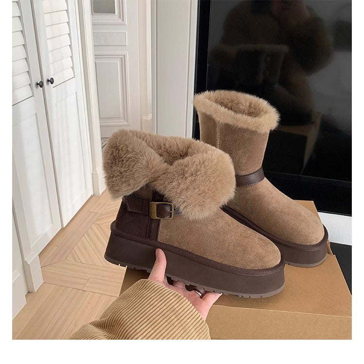 Damen modische Booties mit weichem Kunstfellkragen und praktischem Schnallenverschluss EB