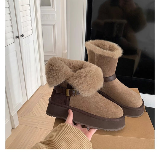 Damen modische Booties mit weichem Kunstfellkragen und praktischem Schnallenverschluss EB