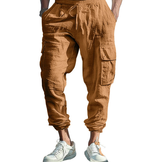Herren nan lässige Cargohose im Joggerstil mit Crinkle-Leinenoptik Kordelbund und Mehrfachtaschen EB