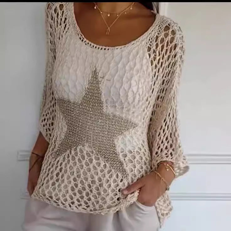 Damen nan oversized gehäkelter Pullover mit Sternapplikation und 3/4-Ärmeln EB