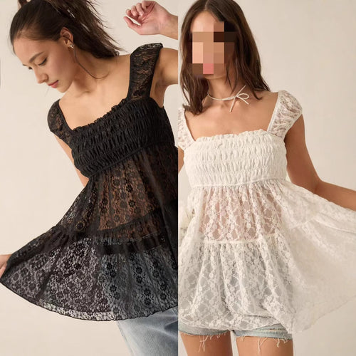 Damen Spitzenoberteil mit Rüschendetails und lässigem Schnitt EB