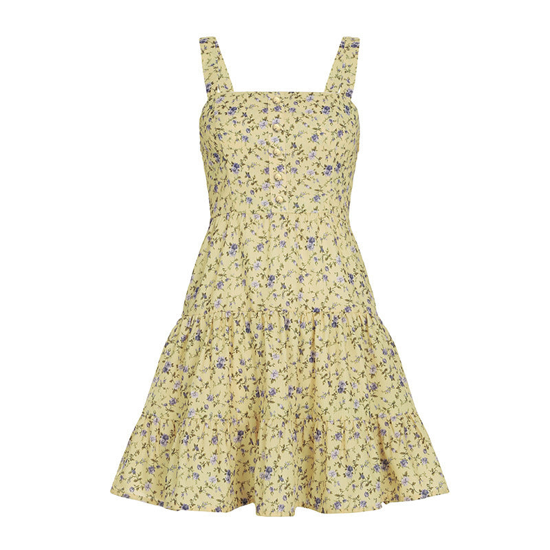 Damen Blumiges A-Linien Sommerkleid mit Rüschensaum und Spaghettiträgern EB