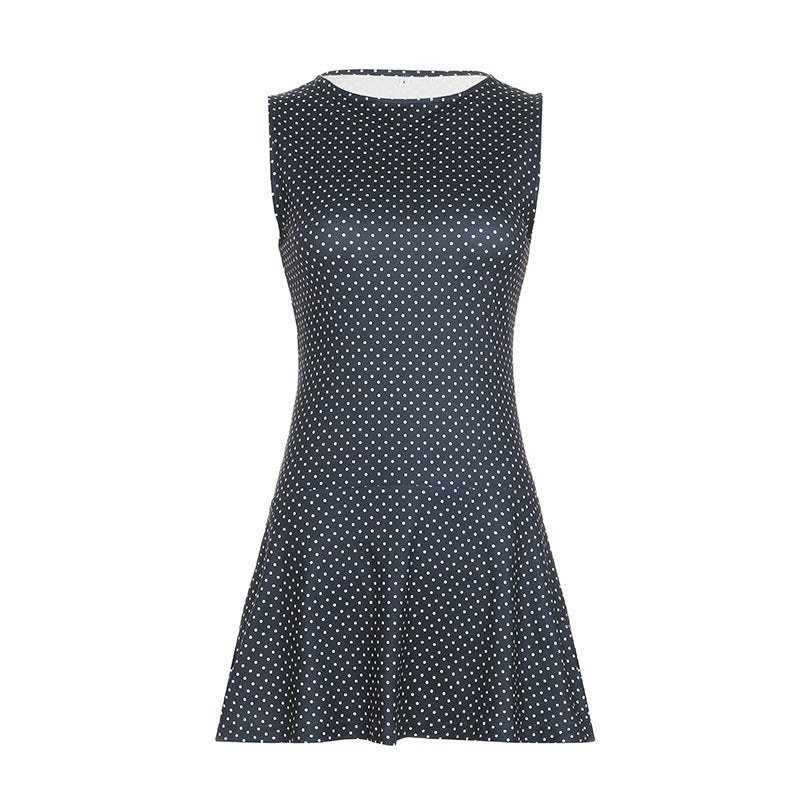 Damen ärmelloses Polka-Dots Kleid mit weitem Saum EB