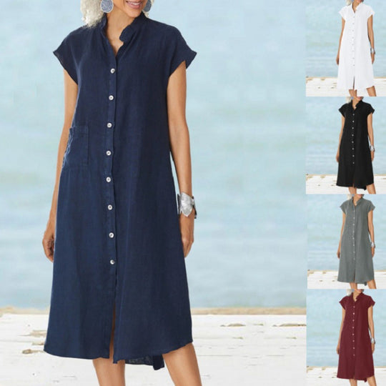 Damen lässiges Knopf-Blusenkleid aus leichtem Stoff mit Taschen EB
