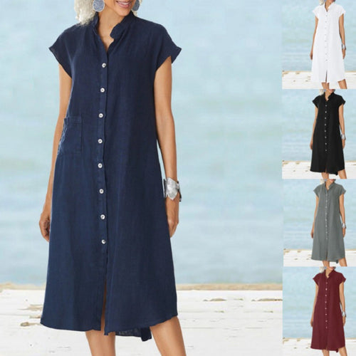 Damen lässiges Knopf-Blusenkleid aus leichtem Stoff mit Taschen EB