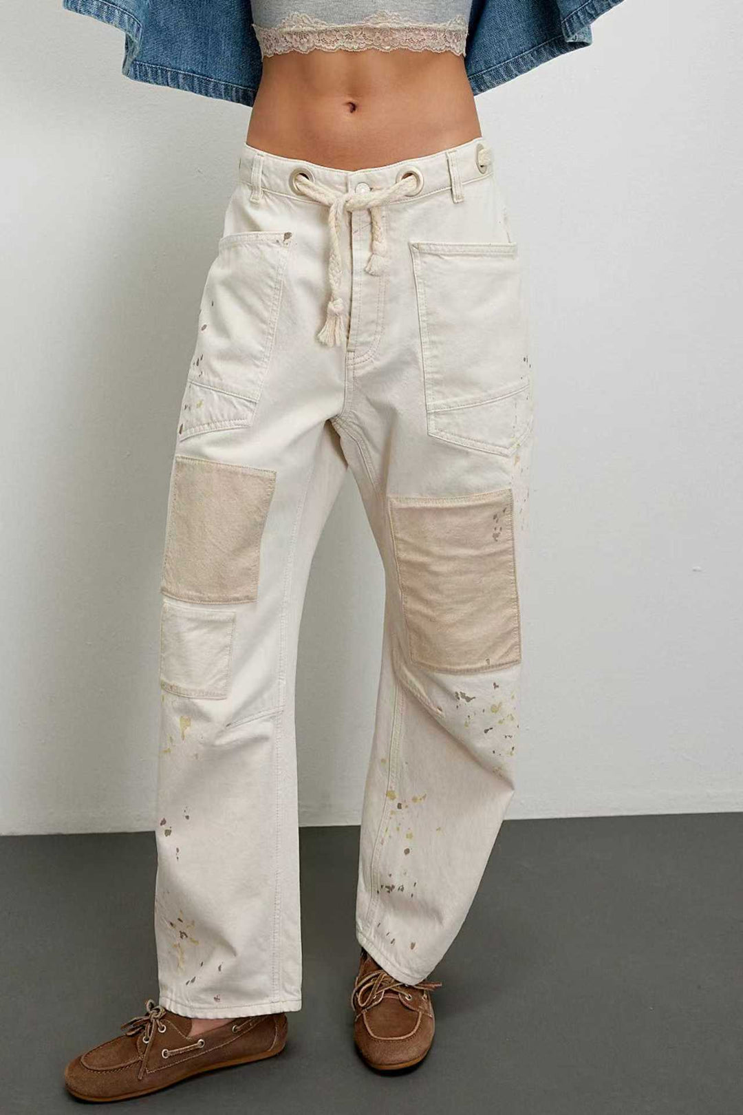 Damen nan hochgeschnittene Jeans im weiten Schnitt mit aufgesetzten Taschen und Kordelzug EB